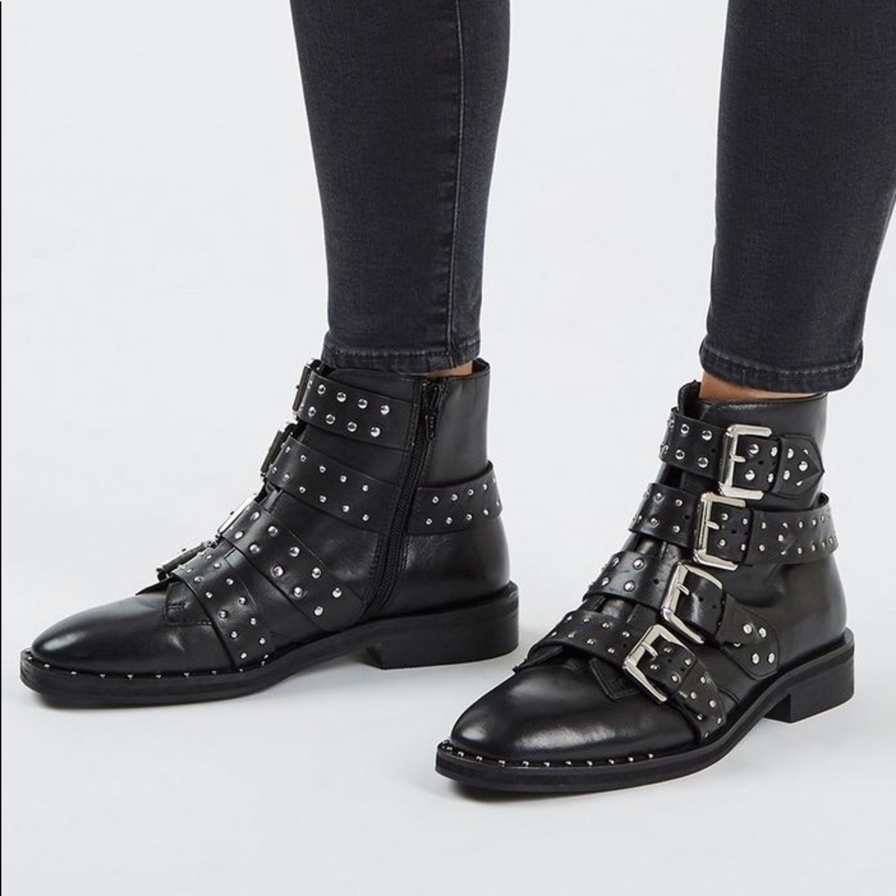 Topshop Amy Black Studded Buckle Ankle Booties
